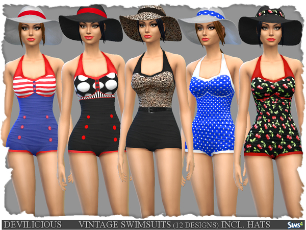 The Sims Resource - Vintage Swimsuits 12 Designs and Summer Hats