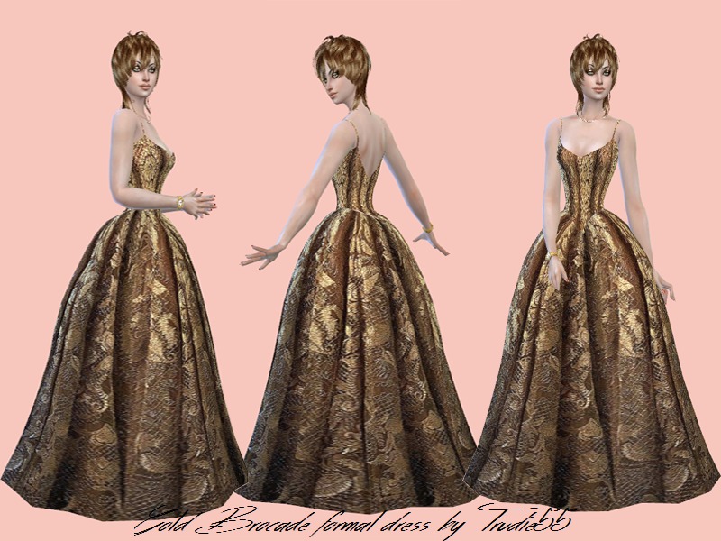 The Sims Resource - Gold Brocade formal dress-Mesh Needed