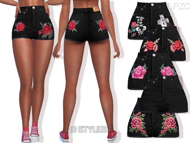 The Sims Resource - Summer Black Denim Embroidered Shorts