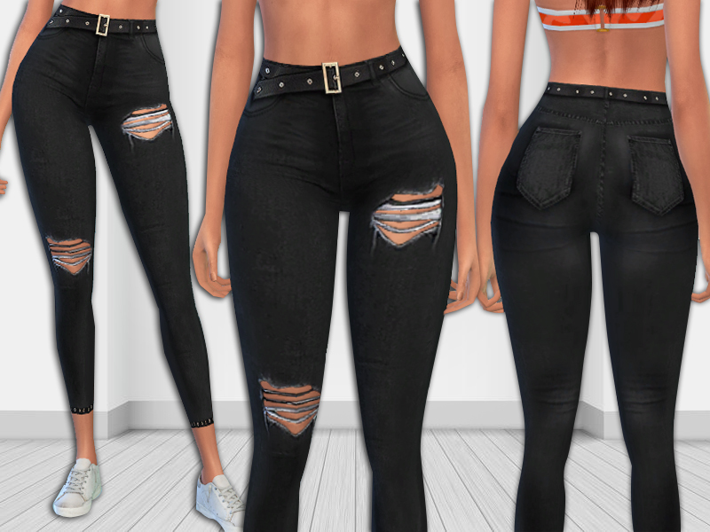 The Sims Resource - Black Realistic Ripped Jeans with Leather Belt