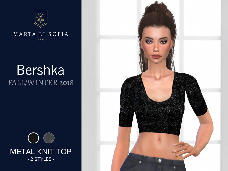 The Sims Resource - Marta Li Bershka Metal Thread Knit crop top with sleeves