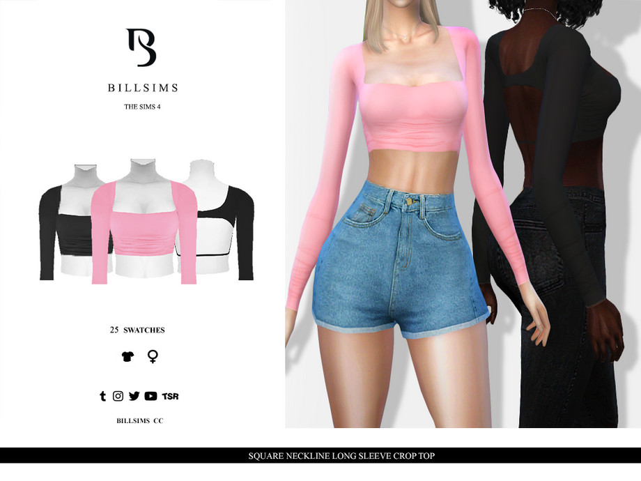 The Sims Resource - Square Neckline Long Sleeve Crop Top