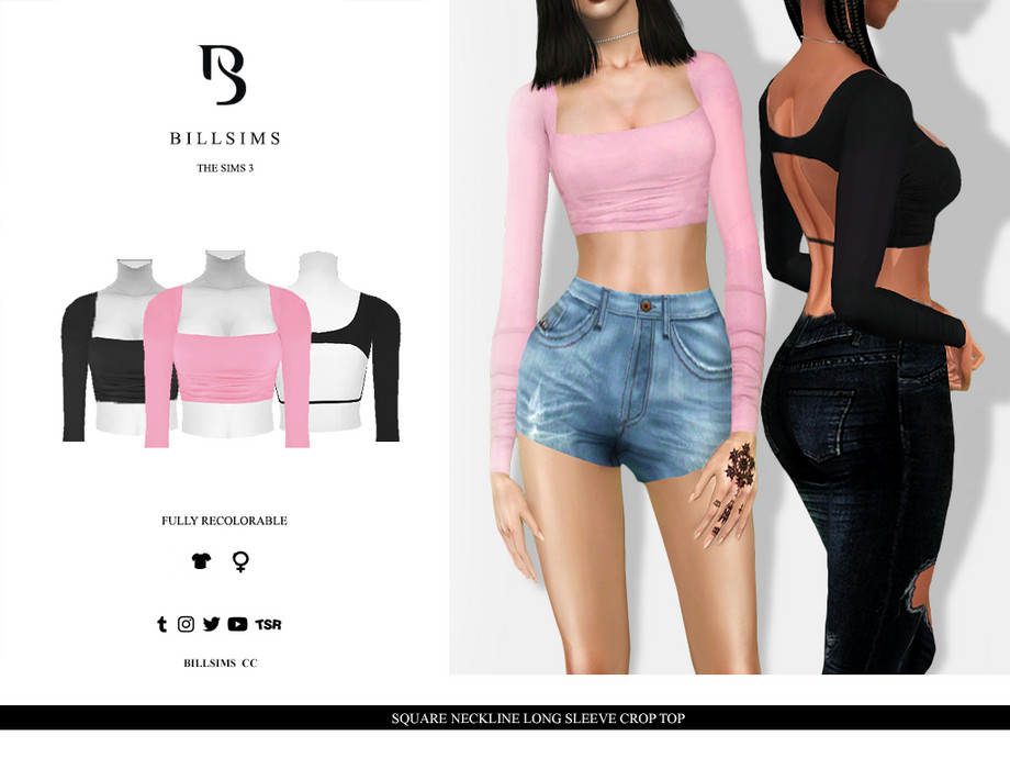 The Sims Resource - Square Neckline Long Sleeve Crop Top