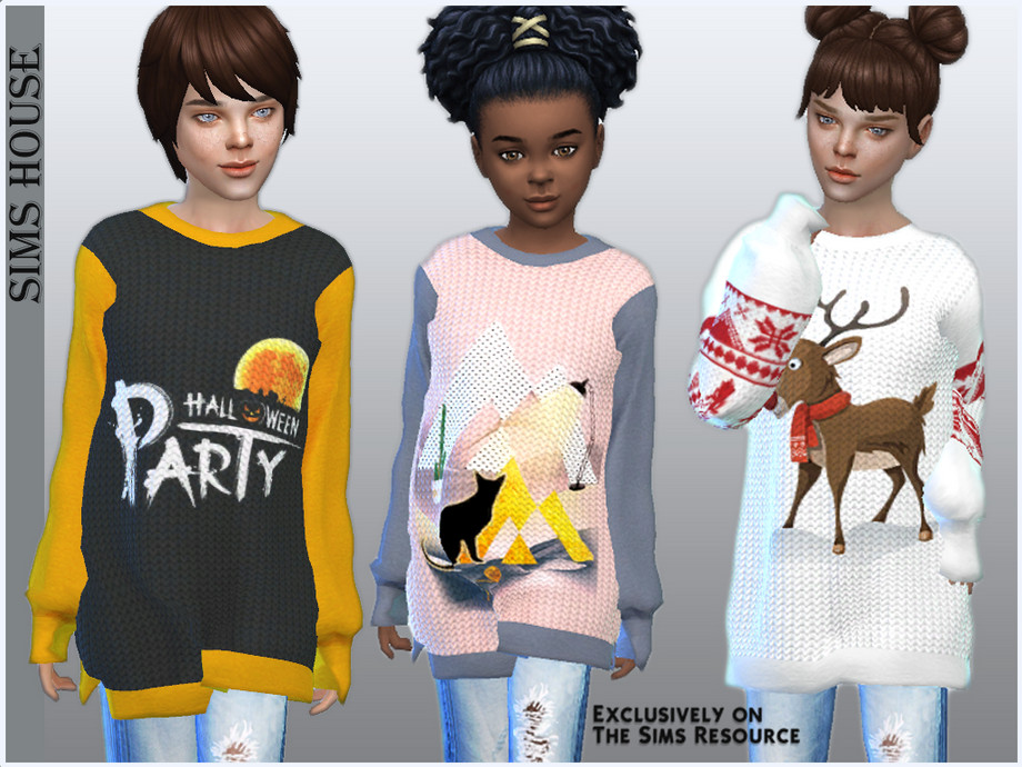 The Sims Resource - Oversized kids sweater with prints
