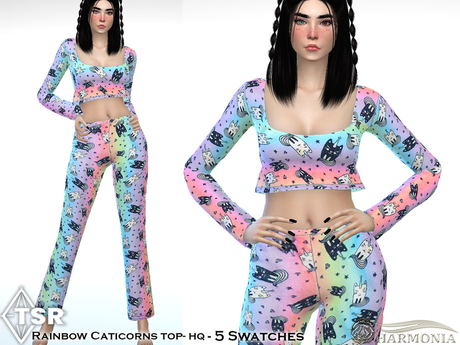 The Sims Resource - Rainbow Caticorns Pajama Crop Top