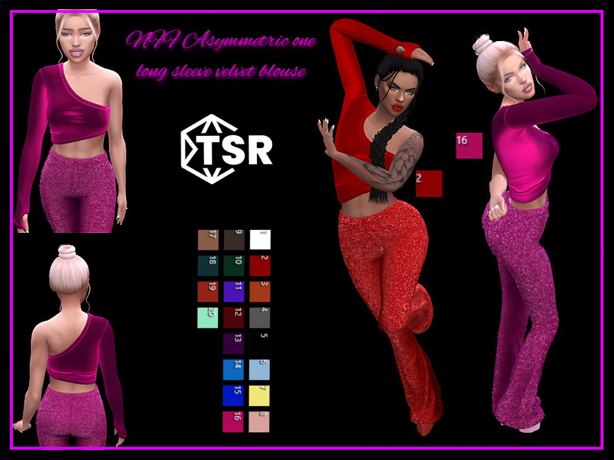 The Sims Resource - Asymmetric one long sleeve velvet blouse