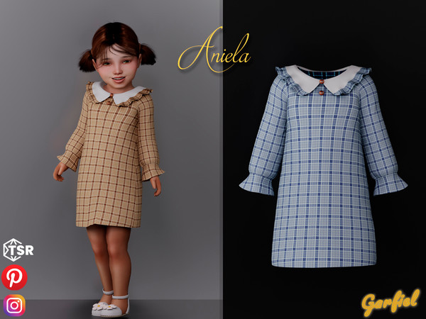 The Sims Resource - Aniela - Plaid dress with ruffles on the collar